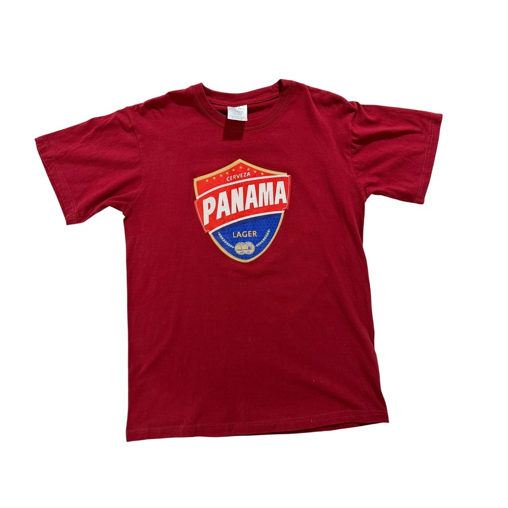 Panama Lager Graphic T-Shirt Red Cotton Size M Y2K